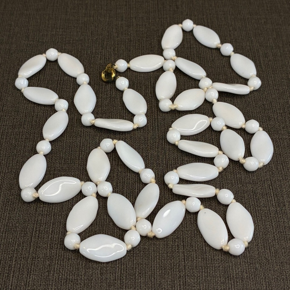 Vintage Milk Glass Necklace Hand Knotted White Oval Bead Long Strand 34"